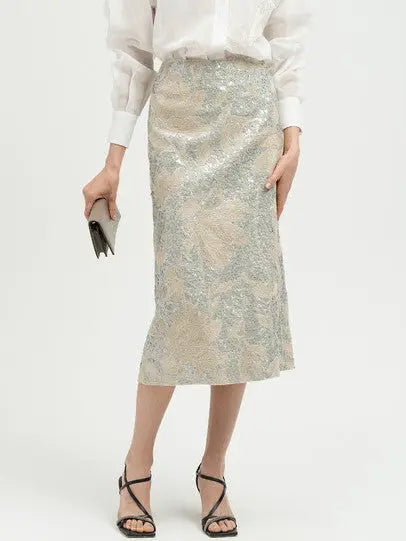 Women's Floral-Embroidered Sequin Midi Skirt Branna Couture