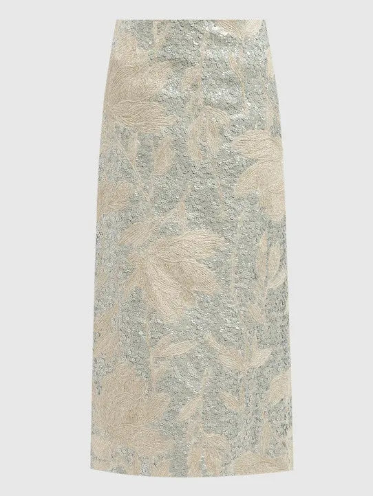 Women's Floral-Embroidered Sequin Midi Skirt Branna Couture