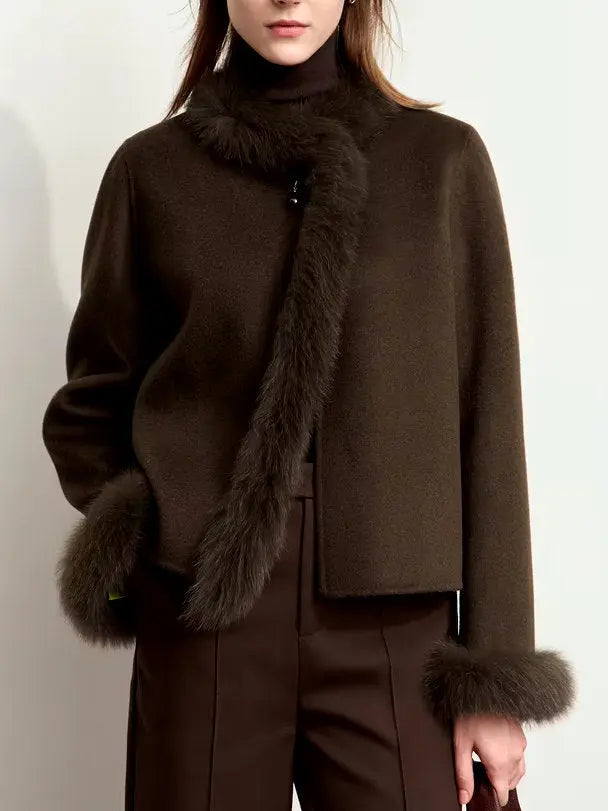 Women's Fur-Trim Wool Jacket with Pearl Decoration in Dark Brown Branna Couture