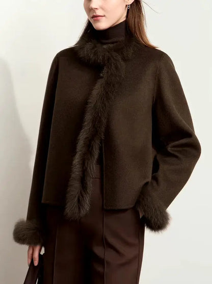 Women's Fur-Trim Wool Jacket with Pearl Decoration in Dark Brown Branna Couture