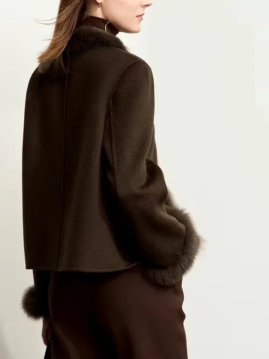 Women's Fur-Trim Wool Jacket with Pearl Decoration in Dark Brown Branna Couture