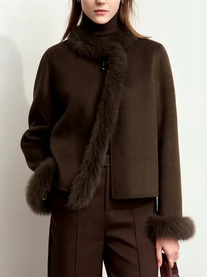 Women's Fur-Trim Wool Jacket with Pearl Decoration in Dark Brown Branna Couture