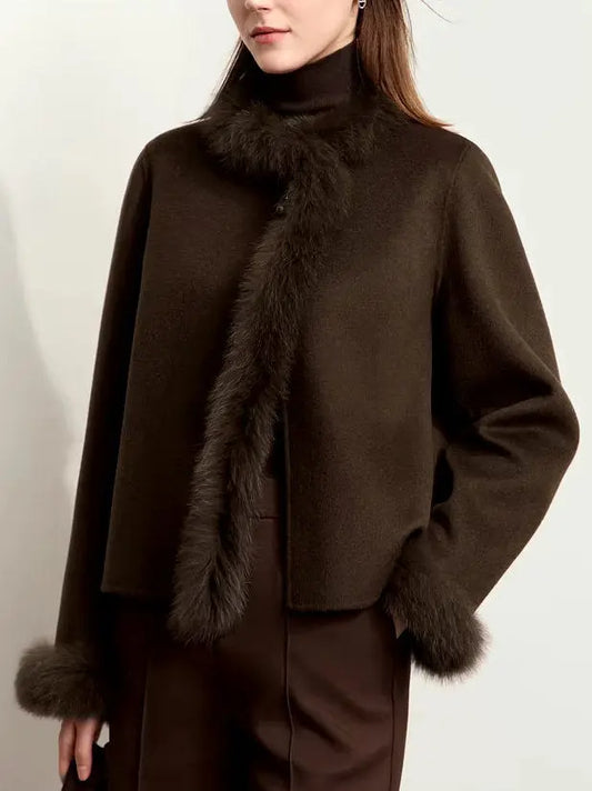 Women's Fur-Trim Wool Jacket with Pearl Decoration in Dark Brown Branna Couture