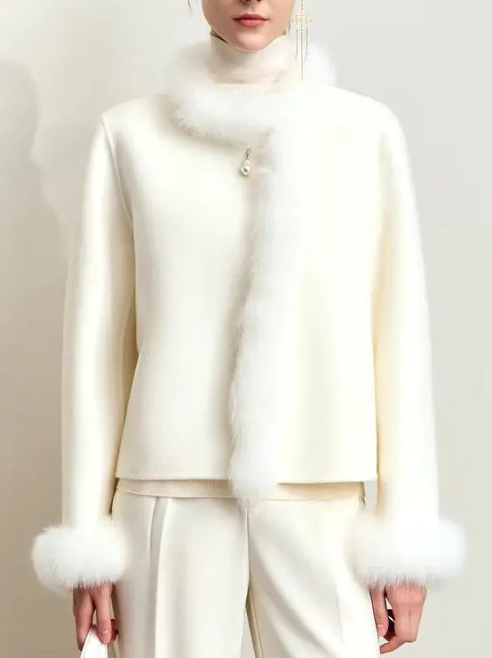 Women's Fur-Trim Wool Jacket with Pearl Decoration in White Branna Couture