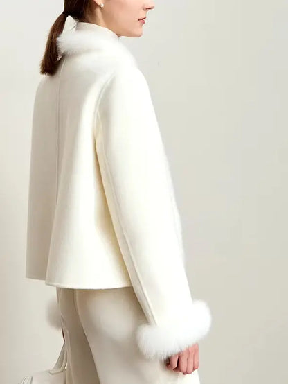 Women's Fur-Trim Wool Jacket with Pearl Decoration in White Branna Couture