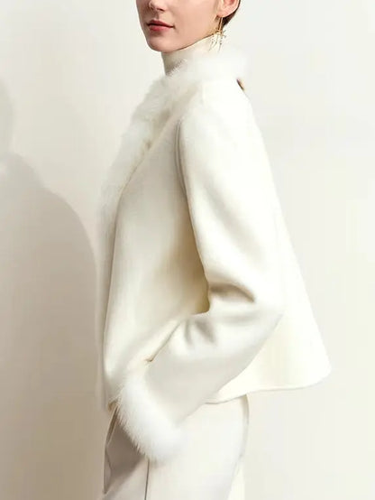 Women's Fur-Trim Wool Jacket with Pearl Decoration in White Branna Couture