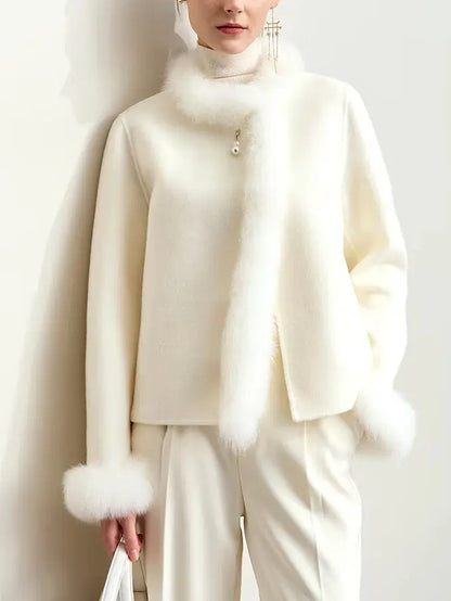 Women's Fur-Trim Wool Jacket with Pearl Decoration in White Branna Couture