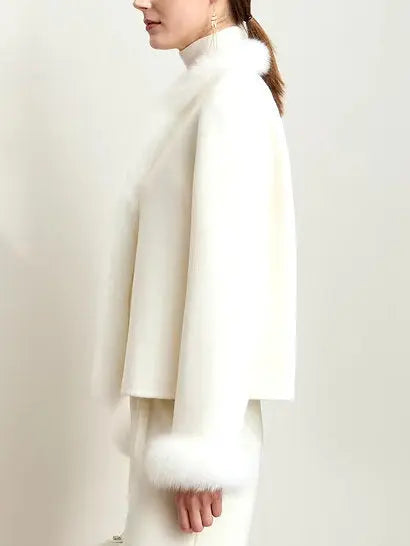 Women's Fur-Trim Wool Jacket with Pearl Decoration in White Branna Couture