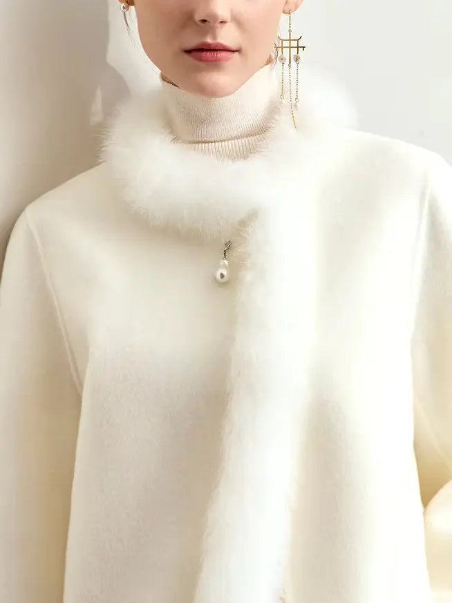 Women's Fur-Trim Wool Jacket with Pearl Decoration in White Branna Couture