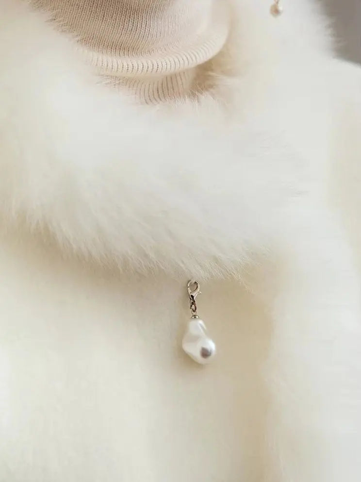 Women's Fur-Trim Wool Jacket with Pearl Decoration in White Branna Couture