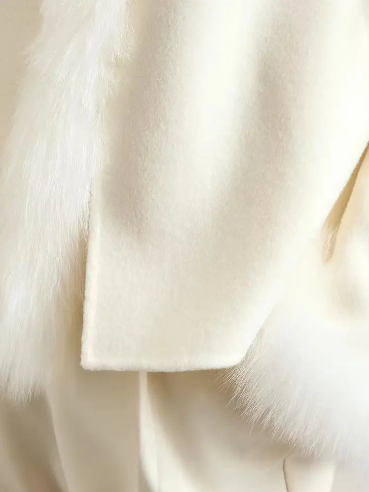 Women's Fur-Trim Wool Jacket with Pearl Decoration in White Branna Couture