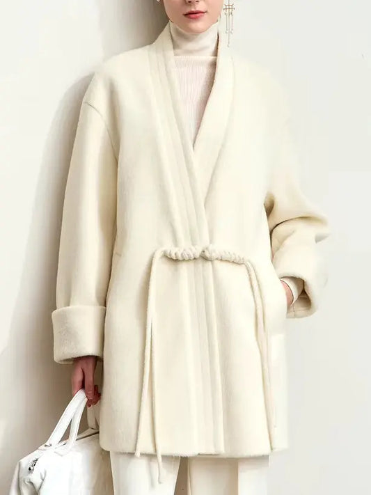 Women's Short Wrap Coat with Decorative Front Tie in Ivory Branna Couture