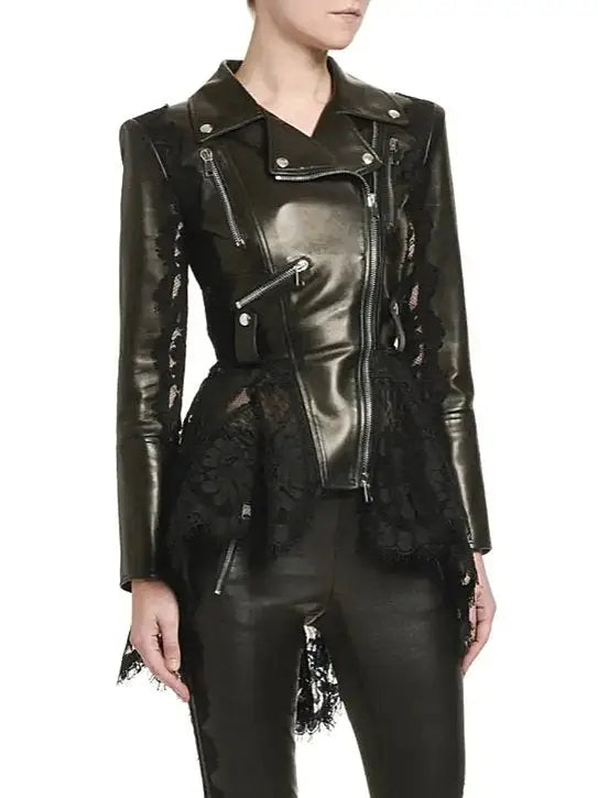 Black Lace Peplum Leather Biker Jacket - Jackets