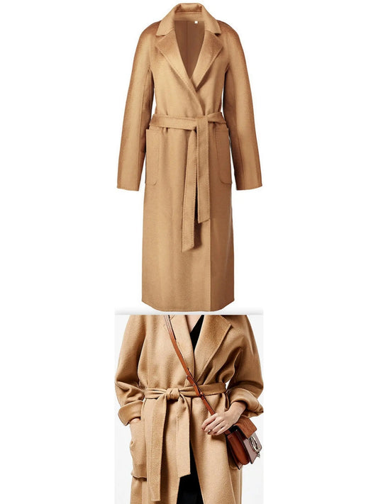 Wool-Blend Belted Wrap Coat, Caramel - Branna Couture