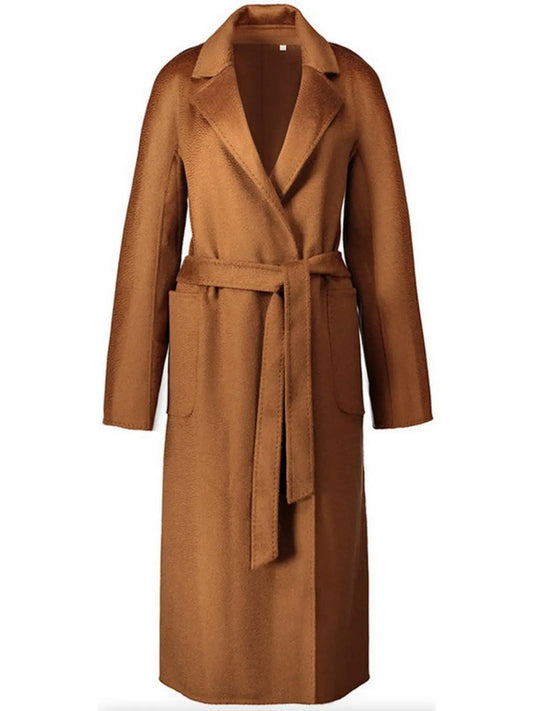 Wool-Blend Belted Wrap Coat, Dark Caramel - Branna Couture