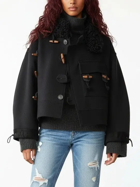 Wool-Blend Toggle Jacket with Shearling-Style Collar - Small - Jackets