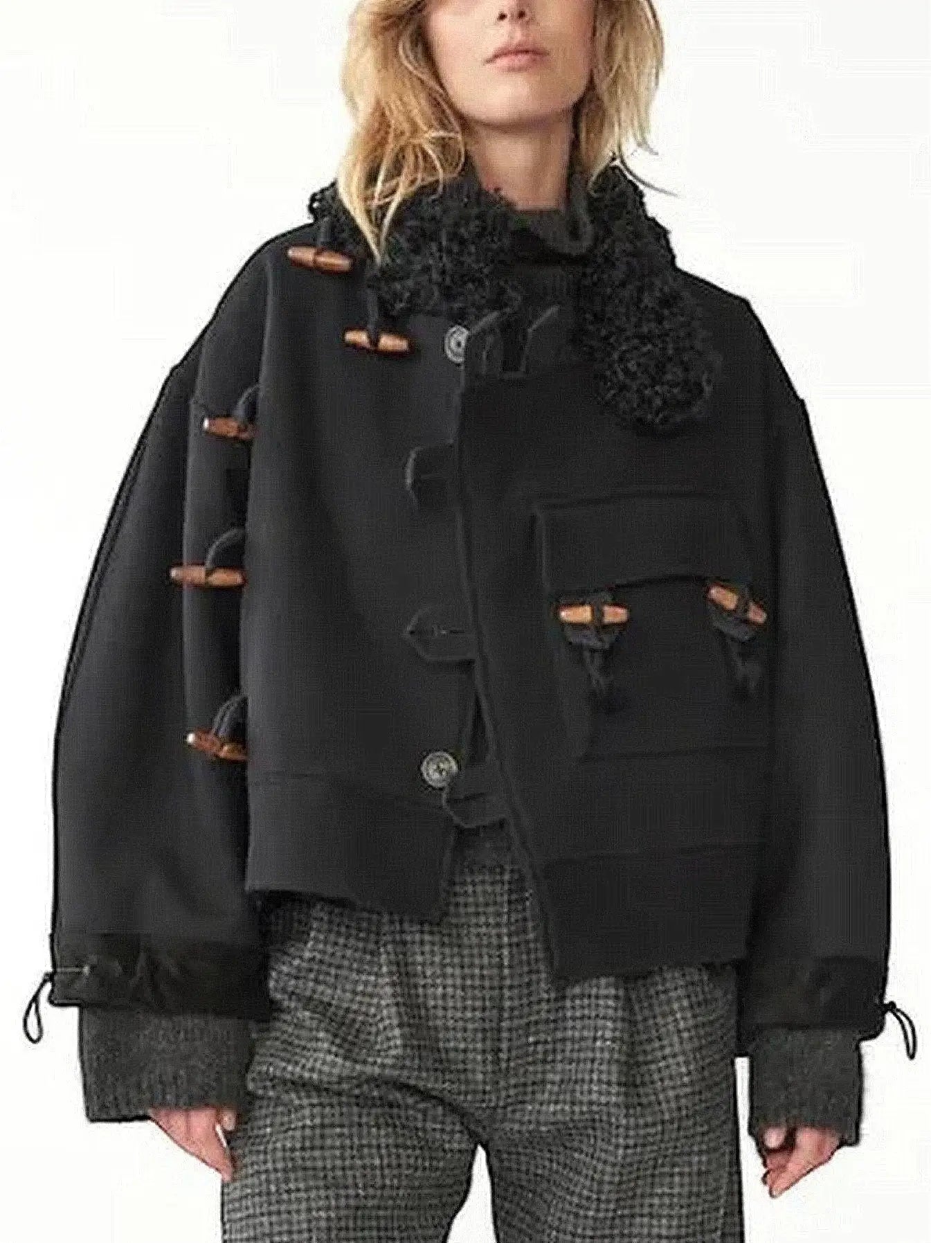 Wool-Blend Toggle Jacket with Shearling-Style Collar - Jackets