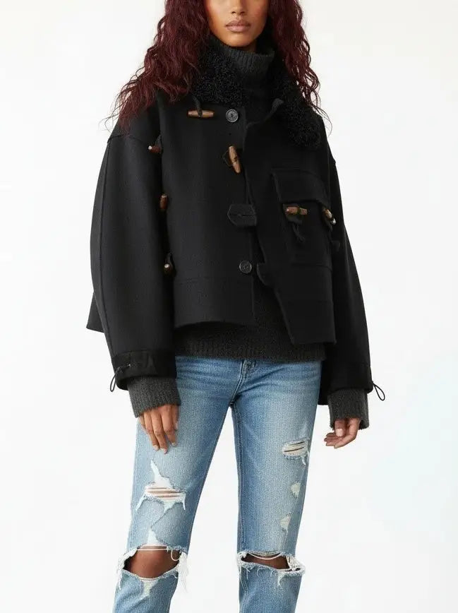 Wool-Blend Toggle Jacket with Shearling-Style Collar - Jackets