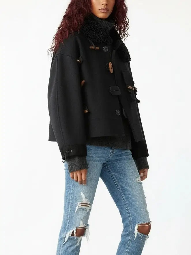 Wool-Blend Toggle Jacket with Shearling-Style Collar - Jackets