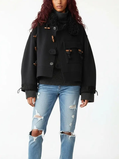 Wool-Blend Toggle Jacket with Shearling-Style Collar - Jackets
