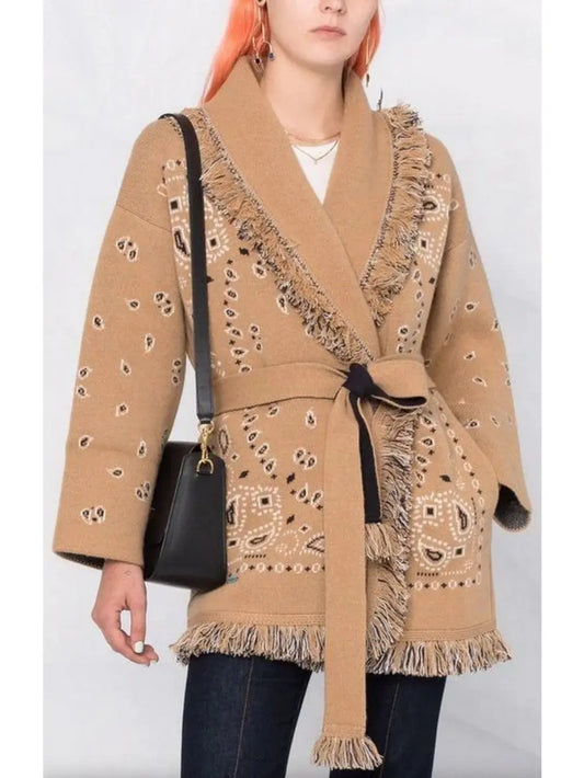 Wool Fringed Bandana Print Cardigan, Camel - Branna Couture