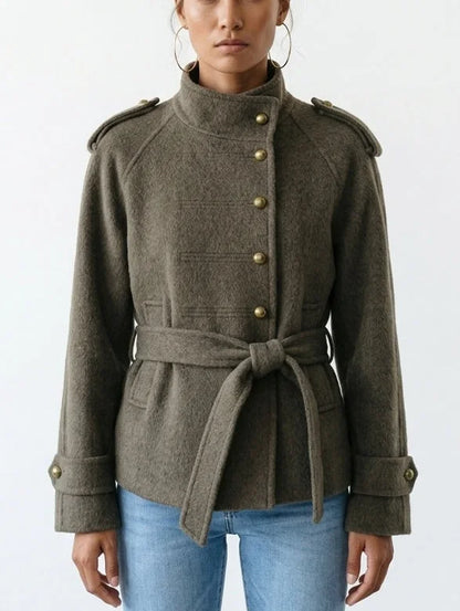 Wool Belted Military Jacket with Brass Buttons - XS - Jackets