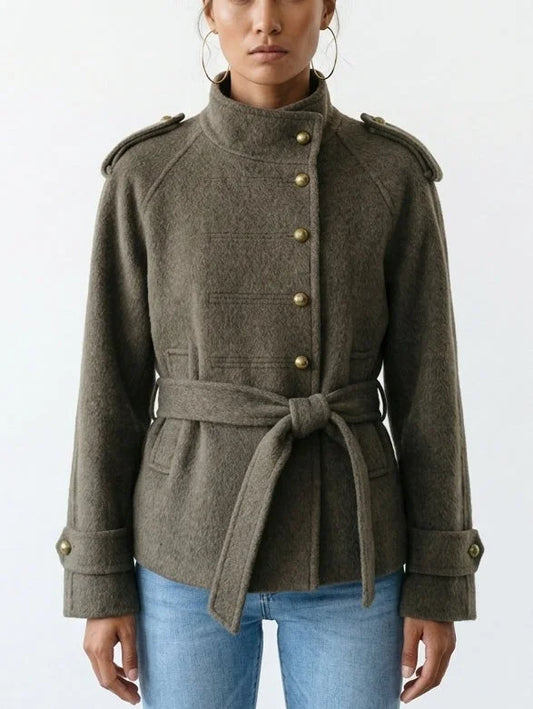 Wool Belted Military Jacket with Brass Buttons - XS - Jackets