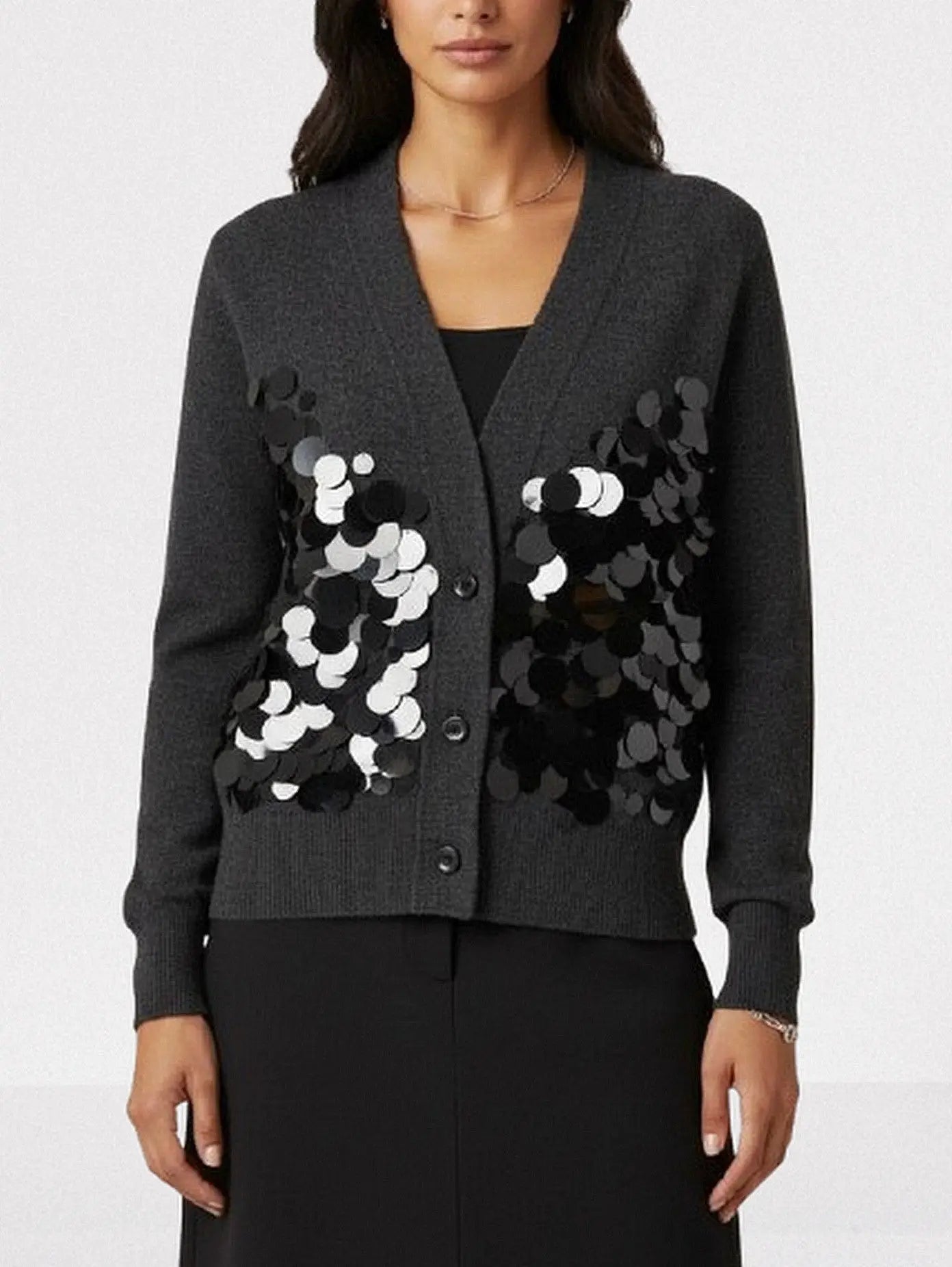 Wool Cardigan with Oversized Sequin Embellishments - Small / Dark Grey - Sweaters & Knitwear