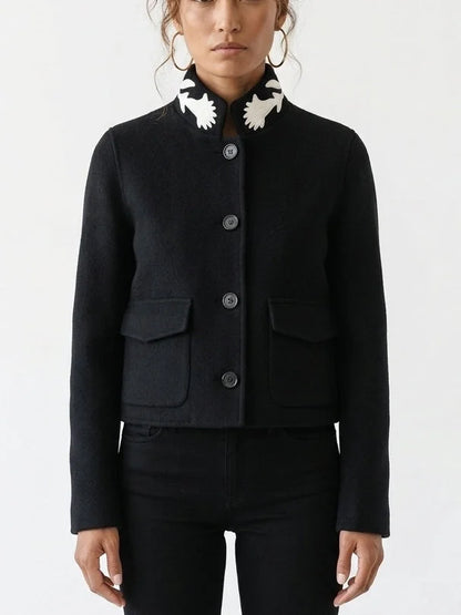 Wool Jacket with Embroidered Contrast Collar - Small - Jackets