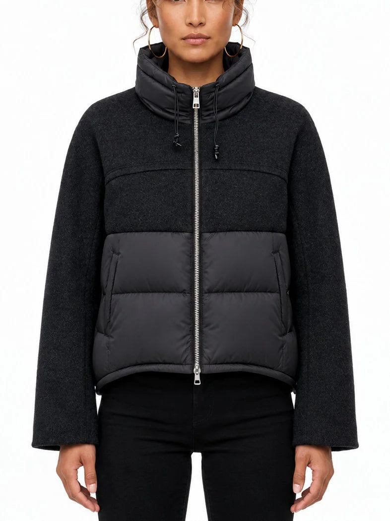 Wool Panel Puffer Jacket with High Collar - Small / Black - Jackets