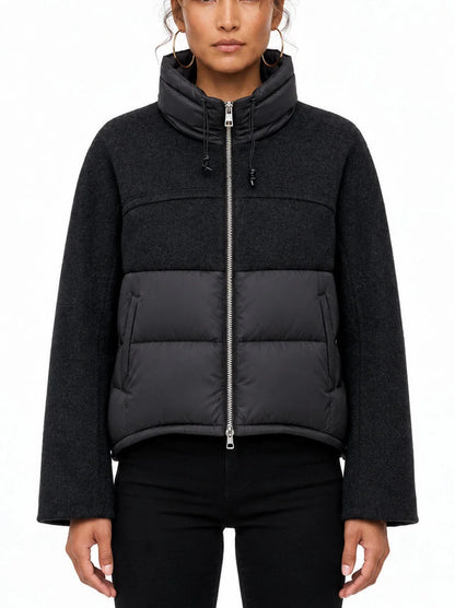 Wool Panel Puffer Jacket with High Collar - Small / Black - Jackets
