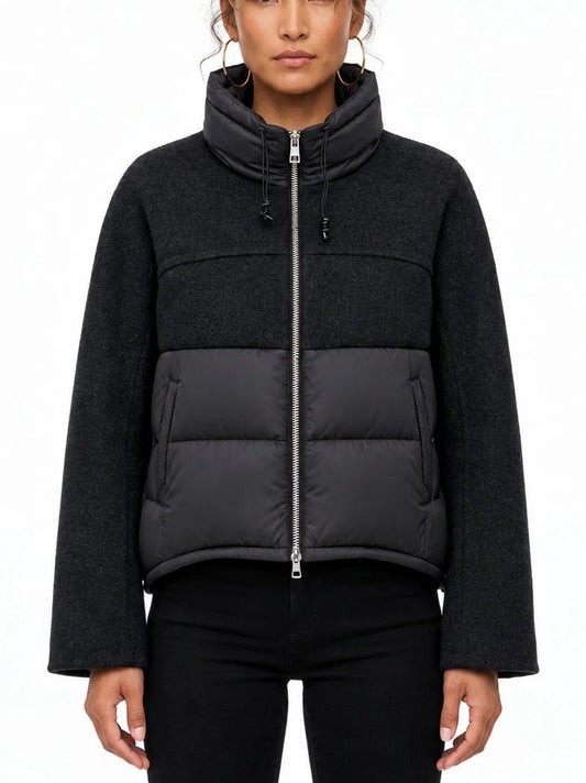 Wool Panel Puffer Jacket with High Collar - Small / Black - Jackets