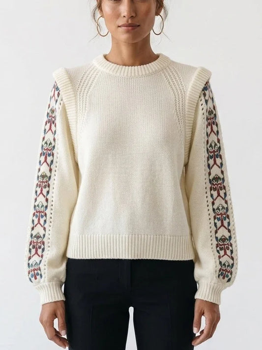 Wool Sweater with Patterned Sleeve Panels - Small - Sweaters & Knitwear