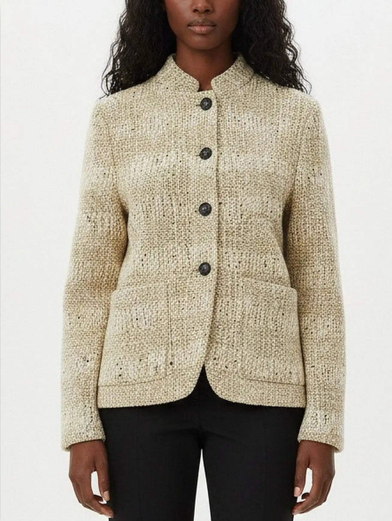 Wool Tweed Jacket with Stand Collar - Jackets
