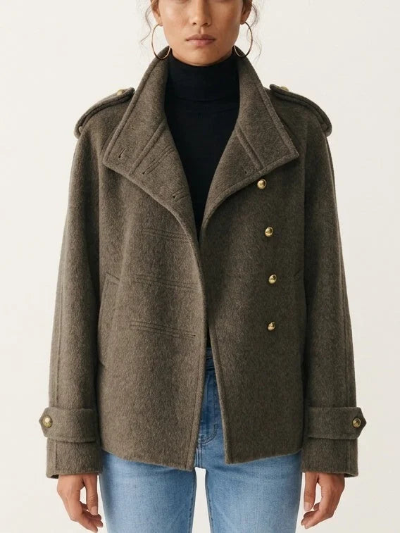 Wool Belted Military Jacket with Brass Buttons - Jackets