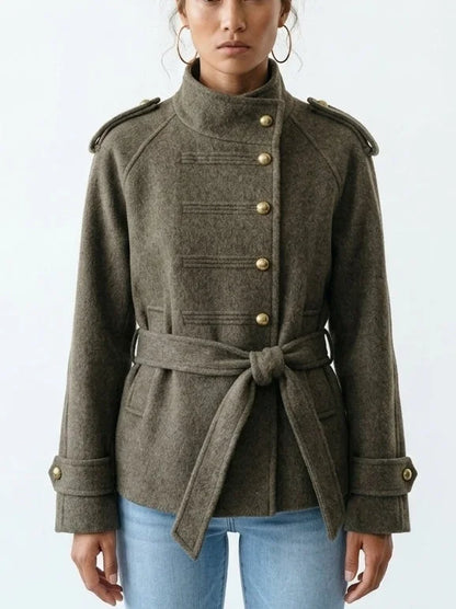 Wool Belted Military Jacket with Brass Buttons - Jackets
