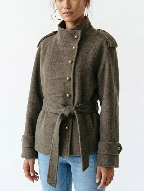 Wool Belted Military Jacket with Brass Buttons - Jackets