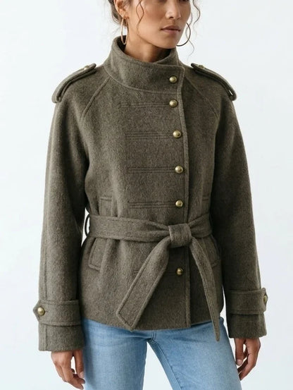 Wool Belted Military Jacket with Brass Buttons - Jackets