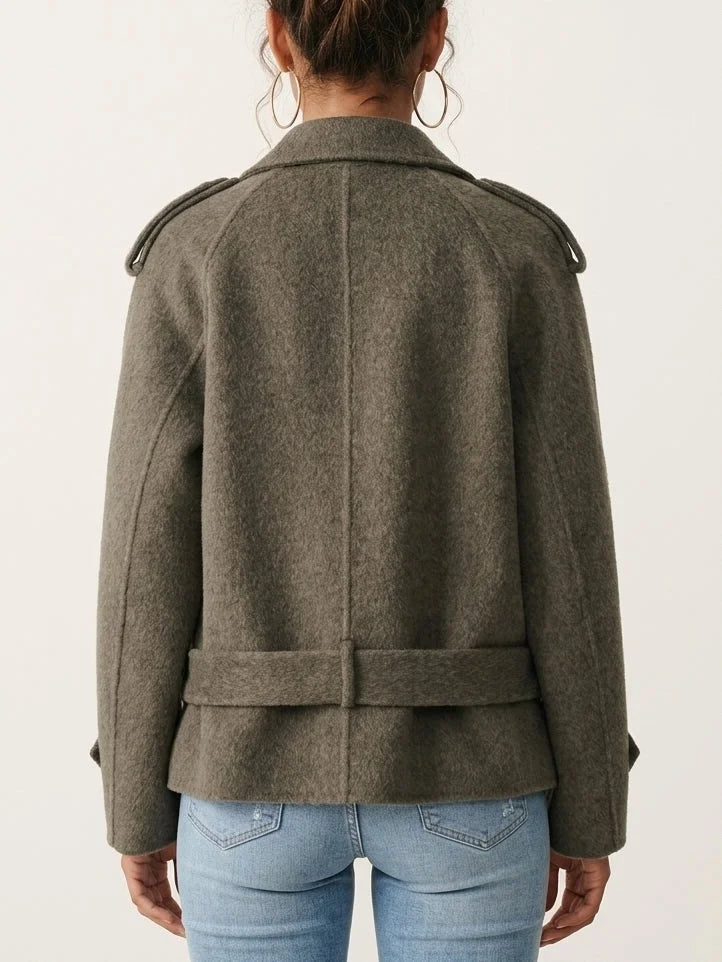 Wool Belted Military Jacket with Brass Buttons - Jackets