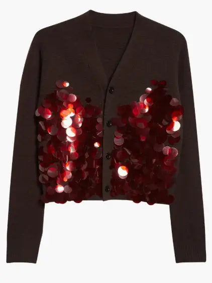 Wool Cardigan with Oversized Sequin Embellishments - Sweaters & Knitwear
