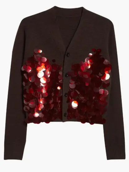 Wool Cardigan with Oversized Sequin Embellishments - Sweaters & Knitwear