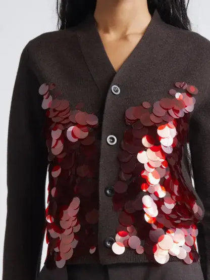 Wool Cardigan with Oversized Sequin Embellishments - Sweaters & Knitwear