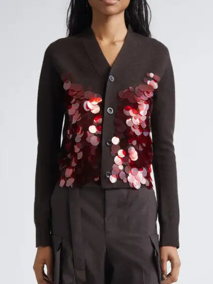 Wool Cardigan with Oversized Sequin Embellishments - Small / Brown - Sweaters & Knitwear