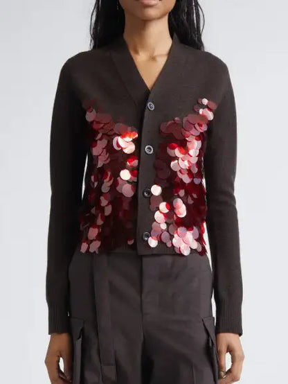Wool Cardigan with Oversized Sequin Embellishments - Small / Brown - Sweaters & Knitwear