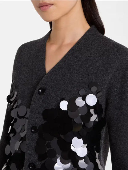 Wool Cardigan with Oversized Sequin Embellishments - Sweaters & Knitwear