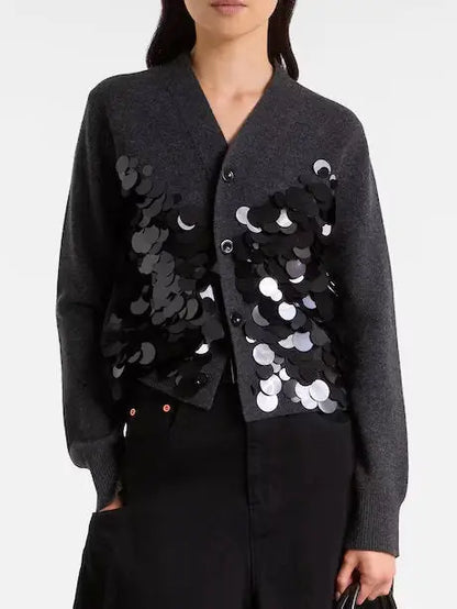 Wool Cardigan with Oversized Sequin Embellishments - Sweaters & Knitwear