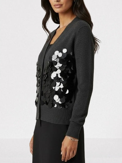 Wool Cardigan with Oversized Sequin Embellishments - Sweaters & Knitwear