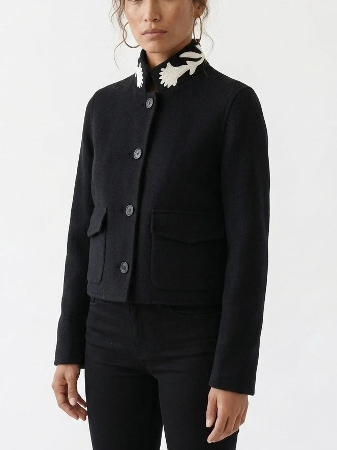 Wool Jacket with Embroidered Contrast Collar - Jackets