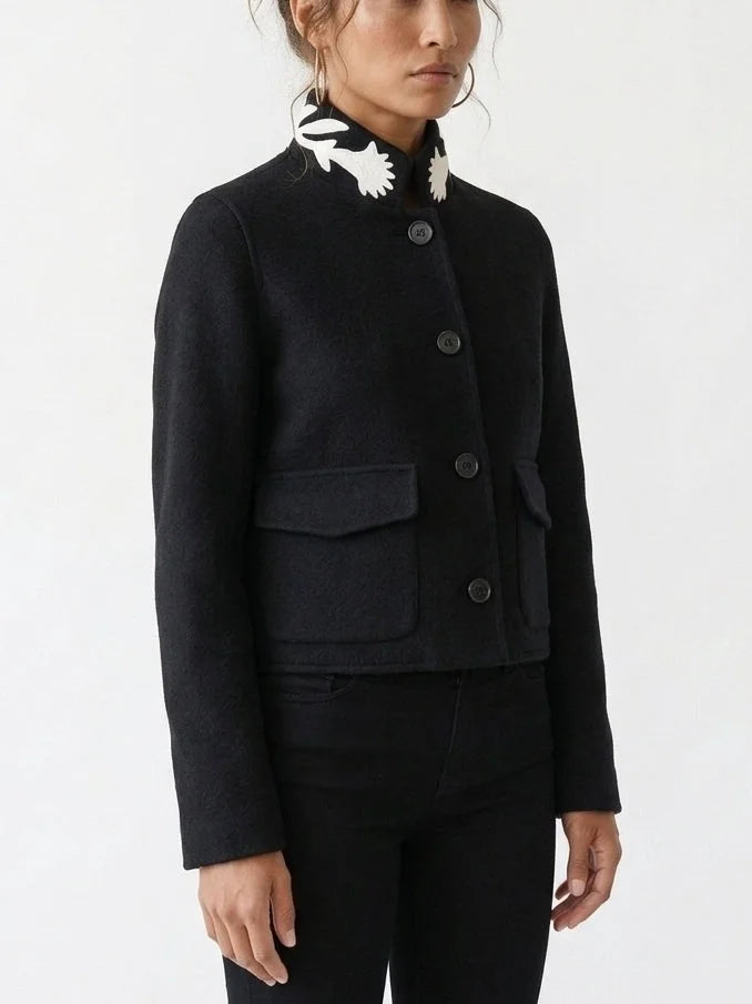 Wool Jacket with Embroidered Contrast Collar - Jackets