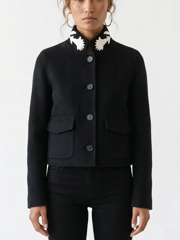 Wool Jacket with Embroidered Contrast Collar - Jackets